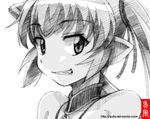  gofu greyscale grin looking_at_viewer monochrome pachira pointy_ears portrait renkin_san-kyuu_magical_pokaan smile solo spot_color traditional_media twintails watermark web_address 