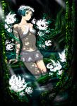  dappled_sunlight face flower forest green_eyes green_hair head_wreath mutsutsu nature navel nymph original short_hair sitting soaking_feet solo sunlight water 