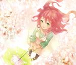  bad_id bad_pixiv_id blush cherry_blossoms copyright_request dress green_eyes happy kasumi_(hitokuri) long_hair petals red_hair solo umbrella 