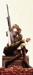  axis_powers_hetalia bad_id bad_pixiv_id battle_rifle belgium_(hetalia) blonde_hair boots commentary_request fn_fal green_eyes gun hair_ribbon high_heels itsuki_nana jpeg_artifacts military military_uniform one_eye_closed ribbon rifle shoes sitting solo tomato uniform weapon 