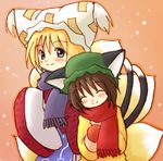  animal_ears blue_eyes blush cat_ears cat_tail chen closed_eyes coat eijima_moko fox_tail happy hat lowres mittens multiple_girls multiple_tails scarf smile tail touhou winter_clothes yakumo_ran 