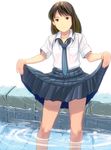  bad_id bad_pixiv_id brown_eyes brown_hair flat_chest legs long_hair masao mutou_rikako necktie school_uniform skirt skirt_hold smile solo umi_ga_kikoeru wading water 