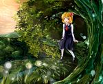  ascot black_dress blonde_hair dress grass hair_ribbon in_tree kneehighs mountain red_eyes ribbon river rumia sakura_ani scenery short_hair sitting sitting_in_tree solo touhou tree village white_legwear 