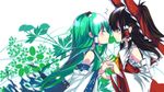  blush bow brown_hair closed_eyes detached_sleeves eskimofox frog green_hair hair_ornament hakurei_reimu holding_hands imminent_kiss japanese_clothes kochiya_sanae long_hair multiple_girls red_eyes ribbon snake touhou yuri 