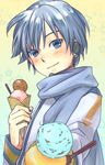  blue_eyes blue_hair blue_scarf blush food headset ice_cream kaito kuro_(nao_krd) male_focus scarf solo vocaloid 