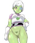  1girl armor azuse_neko belt blush bottomless breastplate breasts chirai dragon_ball dragon_ball_super female gloves green_skin hand_on_hip looking_at_viewer looking_down open_mouth pubic_hair purple_eyes pussy scouter shirt short_hair short_sleeves simple_background skin_tight solo standing turtleneck uncensored white_background white_gloves white_hair 