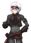  bad_id bad_pixiv_id fantasy_earth_zero gloves hand_on_hip highres jacket male_focus outstretched_hand purple_eyes sash shiroesa simple_background solo visor white_hair 