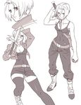  bare_shoulders belt clenched_hand dragon_ball dragon_ball_z genderswap genderswap_(mtf) isaki_(shimesaba) monochrome short_hair standing sword thighhighs trunks_(dragon_ball) weapon 