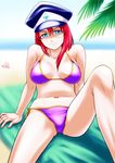  arm_support beach bikini blue_eyes day forte_stollen galaxy_angel hat highres monocle normad red_hair short_hair solo swimsuit tsunamagurou 