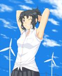  alternate_hairstyle amagami armpits cloud day one_eye_closed open_collar ponytail school_uniform sky smile solo tanamachi_kaoru toki_(tokihakashi) windmill 