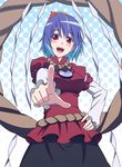  blush h-new hair_ornament hand_on_hip highres mirror open_mouth pointing purple_hair red_eyes rope shimenawa shirt short_hair skirt slit_pupils smile solo touhou yasaka_kanako 