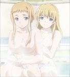  2girls areolae bath bathroom blonde_hair blue_eyes blush breasts bubble cap elina highres large_breasts leina long_hair multiple_girls nipples nude queen&#039;s_blade queen's_blade screencap sitting smile steam washing water yuri 