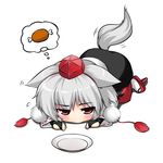 all_fours animal_ears blush boned_meat bridal_gauntlets chibi empty food gauntlets geta hat hungry inubashiri_momiji meat plate red_eyes shirt short_hair silver_hair skirt solo tail tail_wagging tears tokin_hat touhou wolf_ears wolf_tail wolflong 
