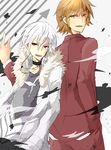  accelerator albino back-to-back bad_id bad_pixiv_id bishounen brown_eyes brown_hair choker coat hands_in_pockets kakine_teitoku male_focus multiple_boys red_eyes smile to_aru_majutsu_no_index uniform white_hair 