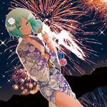  aerial_fireworks colored_eyelashes fan fireworks floral_print flower green_eyes green_hair hair_flower hair_ornament hatano_kirie highres japanese_clothes kimono open_clothes original paper_fan porurin shiori_series smile solo tan tanline uchiwa water_yoyo 