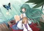  bare_shoulders blonde_hair book bug butterfly child detached_sleeves from_above green_hair insect kochiya_sanae leaf lily_pad long_hair moriya_suwako multiple_girls pier sitting sleeping smile soaking_feet tawara_hiryuu touhou water yellow_eyes 