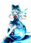  arms_up awa_toka ball blue_eyes blue_hair blue_skirt bow cirno hair_bow highres leaf leaf_on_head sandals scarf short_hair sitting skirt snowman solo touhou wings 