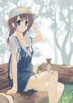  bad_id bad_pixiv_id blue_eyes braid brown_hair forest hand_behind_head hat legs log mouse naruse_chisato nature original sitting solo sun_hat twin_braids twintails 