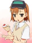  :o bad_id bad_pixiv_id blush brown_eyes brown_hair cake food fork fruit hair_ornament head_mounted_display holding holding_fork misaka_imouto open_mouth school_uniform short_hair solo strawberry sweater_vest to_aru_majutsu_no_index tonbi upper_body 