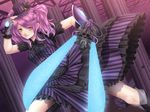  bad_id bad_pixiv_id dress energy_sword fingerless_gloves foreshortening gloves hand_on_headwear hat highres mini_hat mini_top_hat mochi.f original pillar pink_hair purple_dress smile solo sword top_hat twintails weapon yellow_eyes 