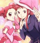  blush dual_persona finger_to_mouth gloves grin harukaze_doremi hat hat_tip long_hair magical_girl maruki_(punchiki) multiple_girls ojamajo_doremi older pink_hat red_eyes red_hair short_hair smile 