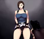  angry at_gunpoint beretta_92 black_panties breasts brown_hair gun handgun highres jill_valentine large_breasts panties panty_pull pov resident_evil sawao shirt short_hair sweat taut_clothes taut_shirt thick_thighs thighs underwear weapon 