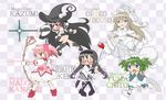  5girls akemi_homura arrow black_hair blue_eyes bow_(weapon) braid capelet chitose_yuma dress flower glasses golf_club green_hair hair_ribbon hairband hat kaname_madoka kazumi_(kazumi_magica) long_hair mahou_shoujo_kazumi_magica mahou_shoujo_madoka_magica mahou_shoujo_oriko_magica mikuni_oriko multiple_girls pantyhose pink_hair red-framed_eyewear red_eyes ribbon trembling twin_braids twintails wavy_mouth weapon white_hair witch_hat yoshiwo_(kanikama) 