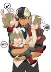  animal_ears annoyed bad_id bad_pixiv_id barnaby_brooks_jr blonde_hair blush boots brown_hair bunny_ears cabbie_hat carrying carrying_over_shoulder chibi clone closed_eyes eighth_note english facial_hair glasses hat jirou_(going!) kaburagi_t_kotetsu kemonomimi_mode male_focus multiple_boys musical_note necktie speech_bubble spoken_musical_note spoken_squiggle squiggle stubble tiger_&amp;_bunny waistcoat watch wristwatch 