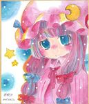  :&lt; absurdres blue_eyes hair_ribbon hat highres patchouli_knowledge purple_hair ribbon shikishi shoukimaru solo touhou traditional_media watercolor_(medium) 