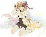  1girl adjusting_hair bad_id bad_pixiv_id brown_hair green_eyes hairband leia_rolando ribbon solo tales_of_(series) tales_of_xillia unitard 