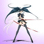  agahat ass bandages black_legwear blue_hair brown_eyes dual_wielding from_behind gradient gradient_background highres holding legs long_hair long_legs looking_back midriff original panties shadow skirt skirt_lift solo sword thighhighs torn_clothes twintails underwear very_long_hair weapon 