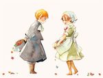  ahoge apron apron_basket apron_lift arms_behind_back axis_powers_hetalia blonde_hair blush boots bow bowtie brown_eyes brown_hair chibitalia_(hetalia) child closed_eyes cravat crossdressing dress flower germany_(hetalia) happy hat hat_basket hat_removed head_scarf head_tilt headwear_removed heart holding holding_hat holy_roman_empire_(hetalia) miyuki_(aoisan) multiple_boys northern_italy_(hetalia) open_mouth ribbon traditional_media watercolor_(medium) 