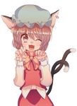  animal_ears bad_id bad_pixiv_id blush bow brown_eyes brown_hair cat_ears cat_tail chen cream_(nipakupa) earrings fang hat jewelry multiple_tails one_eye_closed open_mouth paw_pose short_hair simple_background single_earring solo tail touhou upper_body white_background 