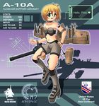  a-10_thunderbolt_ii agm-65_maverick aim-9_sidewinder aircraft airplane bare_shoulders bike_shorts blonde_hair bow green_eyes gun hair_bow hair_ornament hair_ribbon hand_on_hip heart mecha_musume military missile navel open_mouth original personification ponytail ribbon signature solo star vjptox weapon 