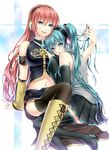  aqua_eyes aqua_hair arm_support bad_id bad_pixiv_id blue_eyes boots cross-laced_footwear detached_sleeves hatsune_miku headphones hinase_kanoto knee_boots lace-up_boots long_hair megurine_luka multiple_girls pink_hair sitting skirt thigh_boots thighhighs twintails very_long_hair vocaloid yuri 