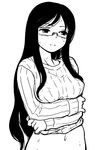  bottomless breasts glasses greyscale large_breasts long_hair monochrome original sakaki_imasato solo sweat sweater 