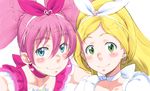  bad_id bad_pixiv_id blonde_hair blue_eyes bow choker cure_melody cure_rhythm earrings eyelashes face face-to-face green_eyes hair_ribbon heart houjou_hibiki jewelry light_smile magical_girl minamino_kanade multiple_girls pink_bow pink_choker pink_hair portrait precure ribbon ribbon_choker sakura_kotetsu simple_background suite_precure white_background white_choker 