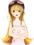  bad_id bad_pixiv_id bakemonogatari blonde_hair carrying collarbone dress goggles goggles_on_head helmet long_hair minatsuki_randoseru monogatari_(series) open_mouth oshino_shinobu red_eyes solo strap_slip 