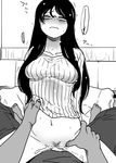  1girl blush bottomless cowgirl_position cum cum_in_pussy girl_on_top glasses greyscale hetero long_hair monochrome naked_sweater original pubic_hair sakaki_imasato sex solo_focus straddling sweat sweater vaginal 