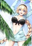  1girl :d arms_up ball bangs beachball black_hairband blonde_hair blue_eyes blue_jacket blue_sky blurry blush braid breasts cleavage cloud collarbone commentary_request cowboy_shot day depth_of_field drawstring enchuu fate/grand_order fate_(series) floating_hair front-tie_bikini front-tie_top hair_between_eyes hair_ornament hairband highres holding holding_ball horizon jacket jeanne_d&#039;arc_(fate)_(all) jeanne_d&#039;arc_(swimsuit_archer) large_breasts legs_apart long_hair long_sleeves looking_at_viewer navel ocean open_clothes open_jacket open_mouth outdoors single_braid sky smile solo standing stomach very_long_hair 