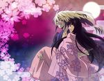  1girl black_hair flower japanese_clothes kimono long_hair naname_(syurink) nura_rihyon nurarihyon_no_mago pink_kimono smile white_hair youhime yukata 