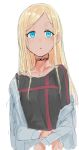  1girl black_choker black_shirt blonde_hair blue_eyes blue_jacket blush character_request choker copyright_request jacket long_hair long_sleeves looking_at_viewer off_shoulder parted_lips shirt simple_background solo suisogenshi upper_body white_background 