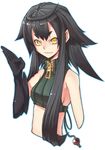  bare_shoulders black_hair elbow_gloves gloves halterneck long_hair looking_at_viewer midriff nike_(smaaaash) original shenwu_(nike) simple_background single_elbow_glove single_glove smile solo upper_body white_background yellow_eyes zipper 