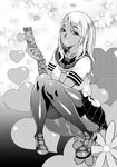  cellphone f.s. flower ganguro greyscale heart lips long_hair looking_at_viewer monochrome original panties pantyshot pantyshot_(squatting) phone pleated_skirt school_uniform serafuku skirt solo squatting tan thighhighs underwear white_panties 