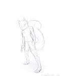  abs anthro black_and_white chest_tuft clothing fur gun looking_at_viewer male mammal monochrome oonami plain_background pose ranged_weapon rodent shorts skeeter_(artist) skeeter_(character) sketch solo squirrel standing tail topless tuft weapon white_background 