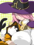  1girl animal_hood between_breasts blazblue blazblue_phase_0 blush breasts cat cat_hood cat_tail couple covered_nipples hair_over_one_eye hat head_between_breasts hood huge_breasts jubei_(blazblue) konoe_a_mercury long_hair pink_hair red_eyes sidimi size_difference smile sweatdrop tail whiskers witch_hat yellow_eyes 