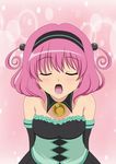  bare_shoulders bent_over blush brooch detached_sleeves dress eyes_closed female hairband jewelry kiss momo_velia_deviluke open_mouth pink pink_hair short_hair short_twintails solo strapless strapless_dress to_love-ru toloveru twintails 