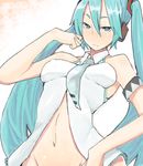  :&lt; armband bad_id bad_pixiv_id blue_eyes blue_hair blush bottomless drawr frown groin hair_flip hair_ornament hatsune_miku inayama long_hair looking_at_viewer navel necktie out-of-frame_censoring shirt sleeveless sleeveless_shirt solo twintails unbuttoned very_long_hair vocaloid 
