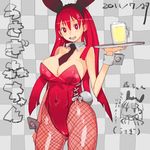  alcohol animal_ears beer breasts bunny_ears bunnysuit checkered checkered_background chibi chibi_inset dated detached_collar fishnet_pantyhose fishnets large_breasts mori_hikiko necktie original pantyhose red_eyes red_hair teriyaki translation_request tray wrist_cuffs 