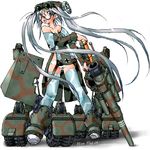  88_flak antiaircraft_weapon bullet camouflage caterpillar_tracks glasses gun long_hair mecha_musume military open_mouth original panties personification shell_casing silver_hair solo thighhighs twintails underwear weapon white_panties world_war_ii yonezuka_ryou 